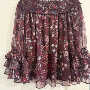 CeCe Burgundy Floral Off the shoulder Ruffle Top